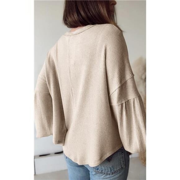 Women's Casual V-Neck Ribbed Knit Pullover - Loose Tunic Top - Picture 4 of 7